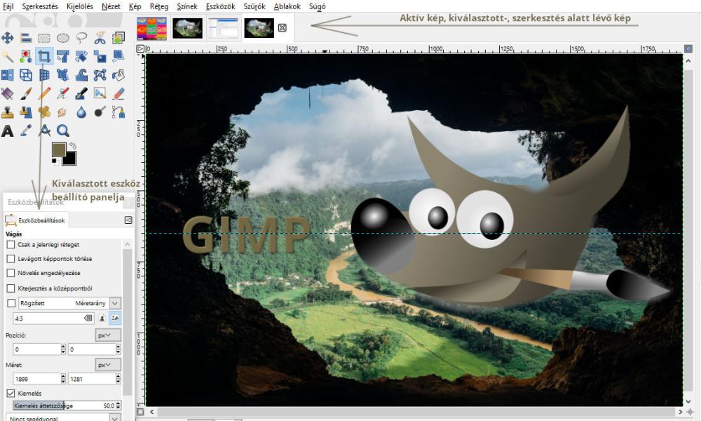Gimp eszközök és beállításuk, aktuális kép 
